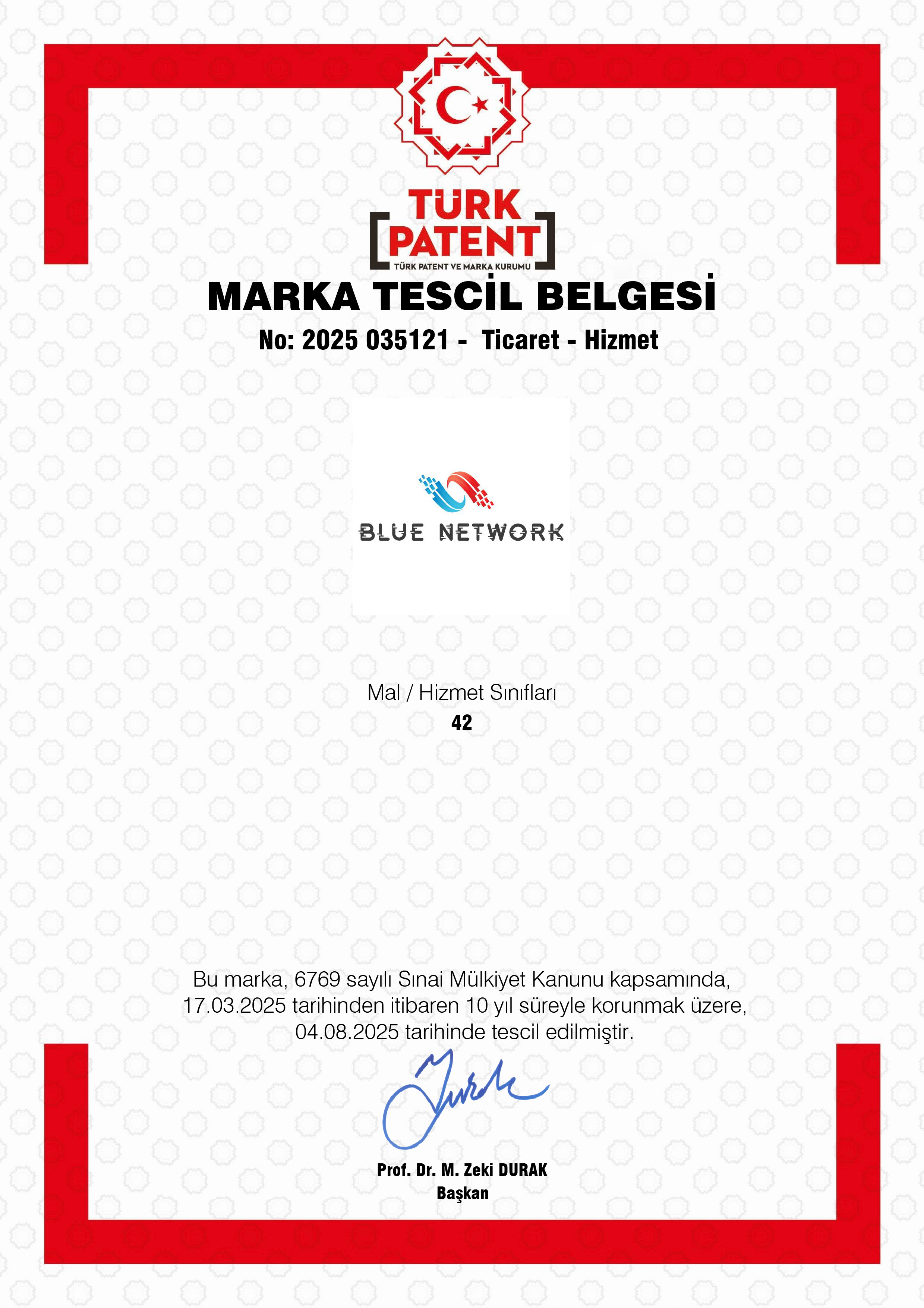 Blue Network Marka Tescil Belgesi