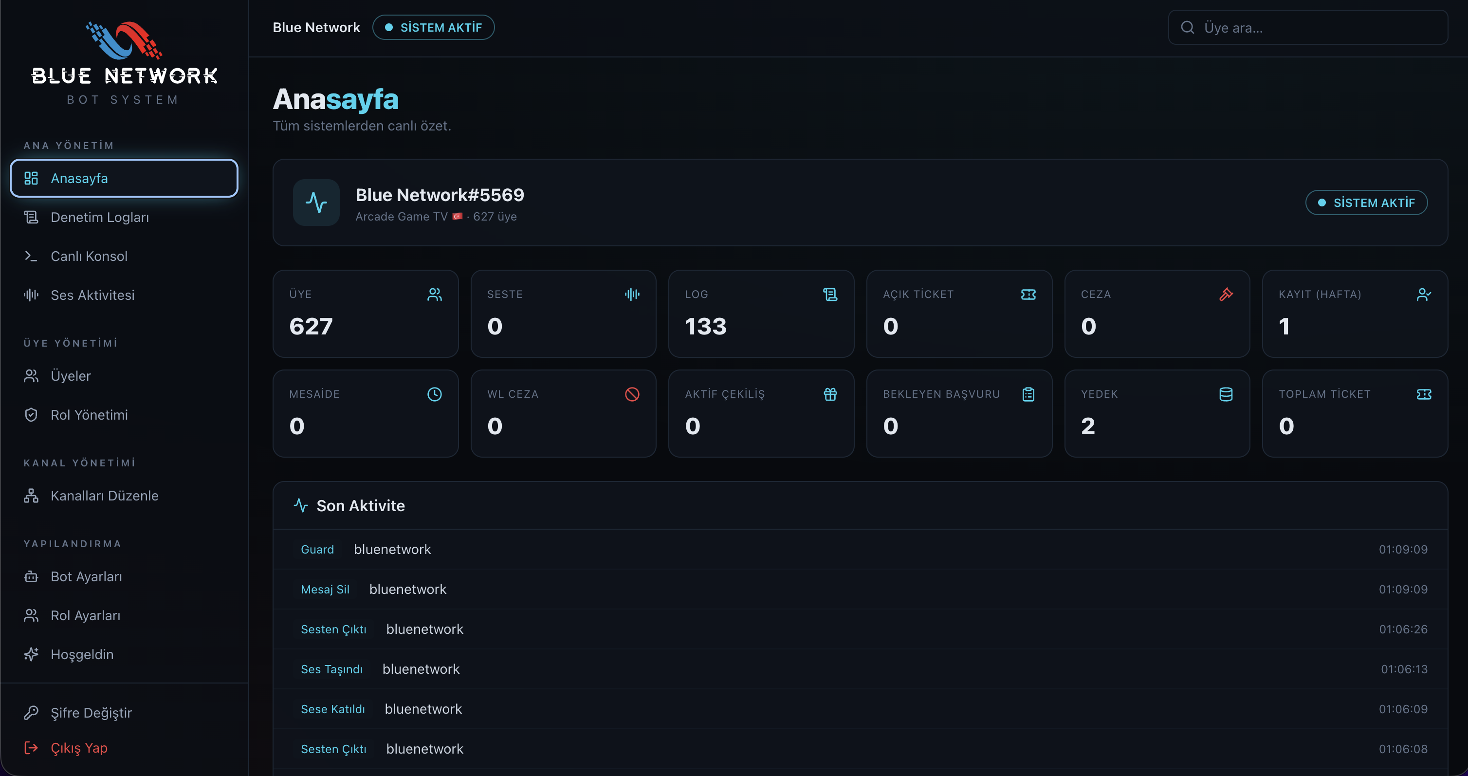 Blue Network Bot System arayüzü